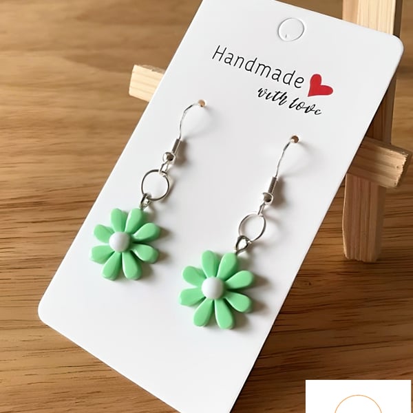 Cute Daisy Earrings Green & White, 925 Silver Hooks, Flower Jewellery