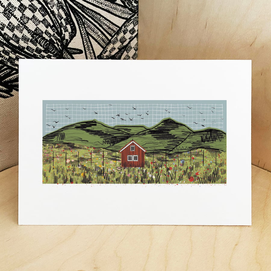Spring Meadow Log Cabin Print - Mountain Landscape Print - A3