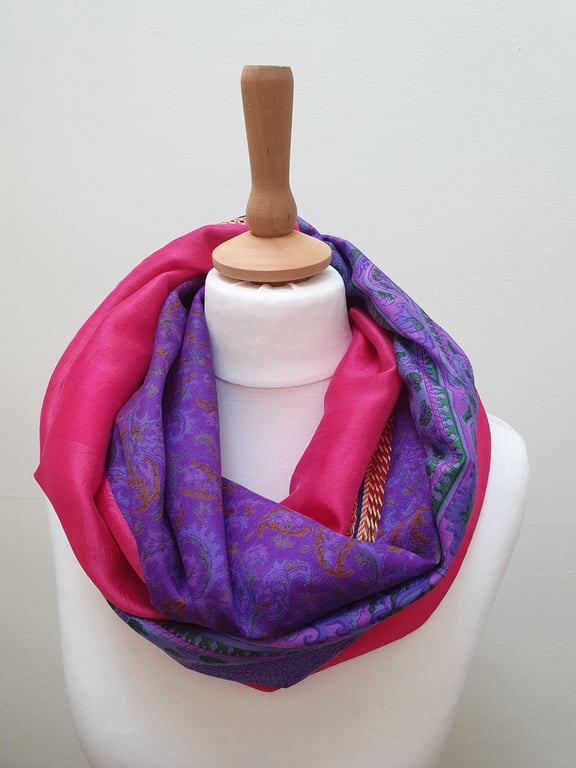 Sari silk double sided infinity scarf. Bright pink, green and shades of purple w