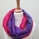Sari silk double sided infinity scarf. Bright pink, green and shades of purple w