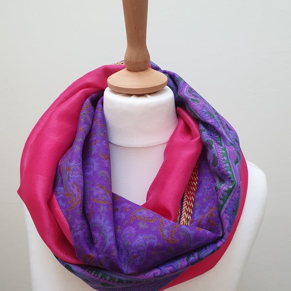 Sari silk double sided infinity scarf. Bright pink, green and shades of purple w
