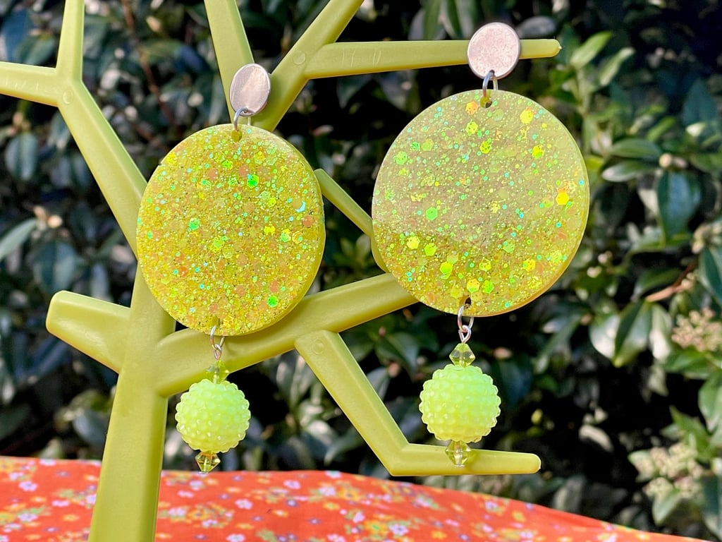 GLITTER RESIN NEON LEMON YELLOW GLITTERBALL EARRINGS disco STATEMENT 