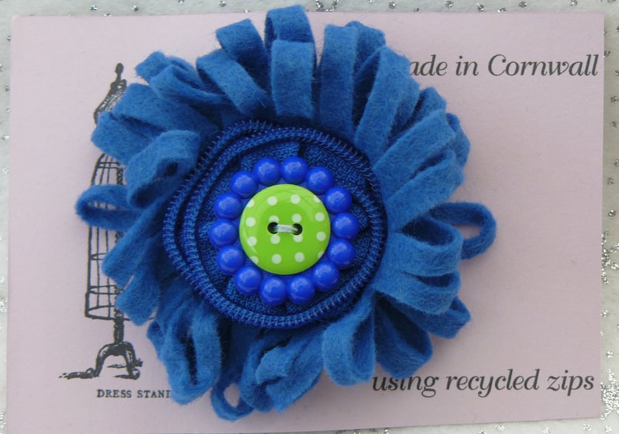 Blue Felt Corsage Brooch with Button and Zip Centre