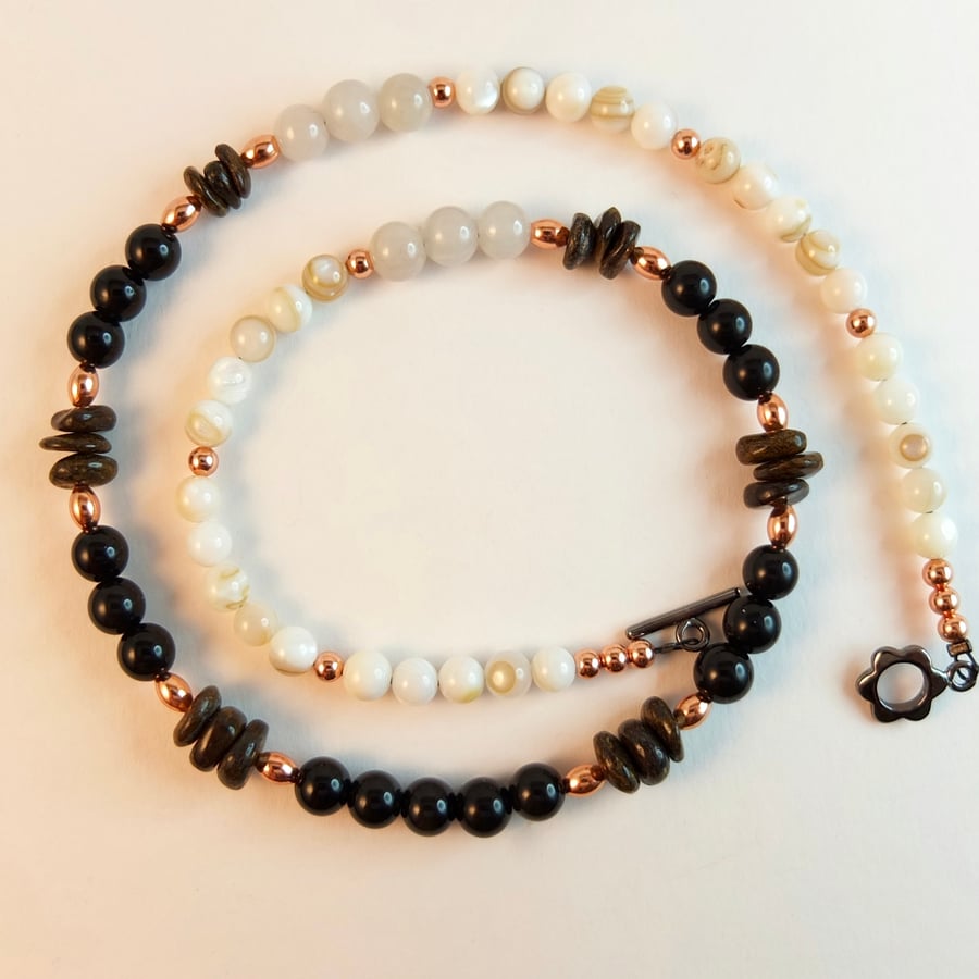 Obsidian, Bronzite, Jade & Shell Necklace With Copper Beads - Seconds Sunday