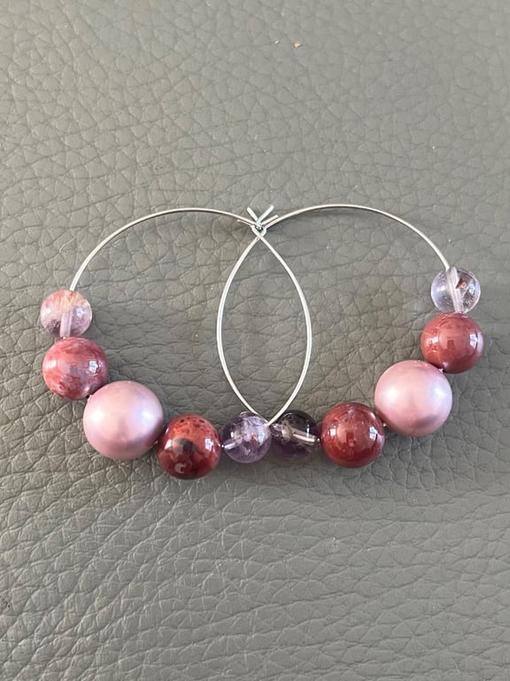 Handmade Hoop Earrings with Natural Gemstones 