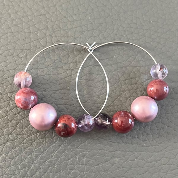 Handmade Hoop Earrings with Natural Gemstones 