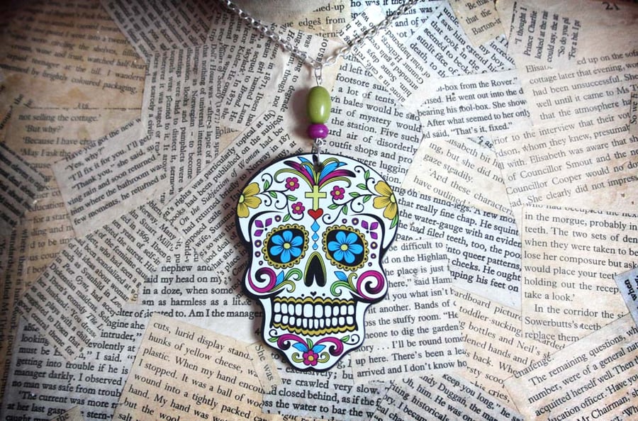 Mexican Skull Day of the Dead Acrylic Statement Necklace