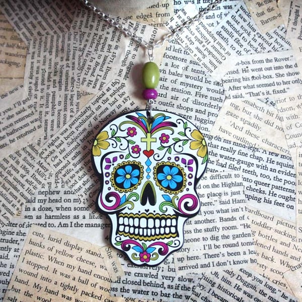 Mexican Skull Day of the Dead Acrylic Statement Necklace