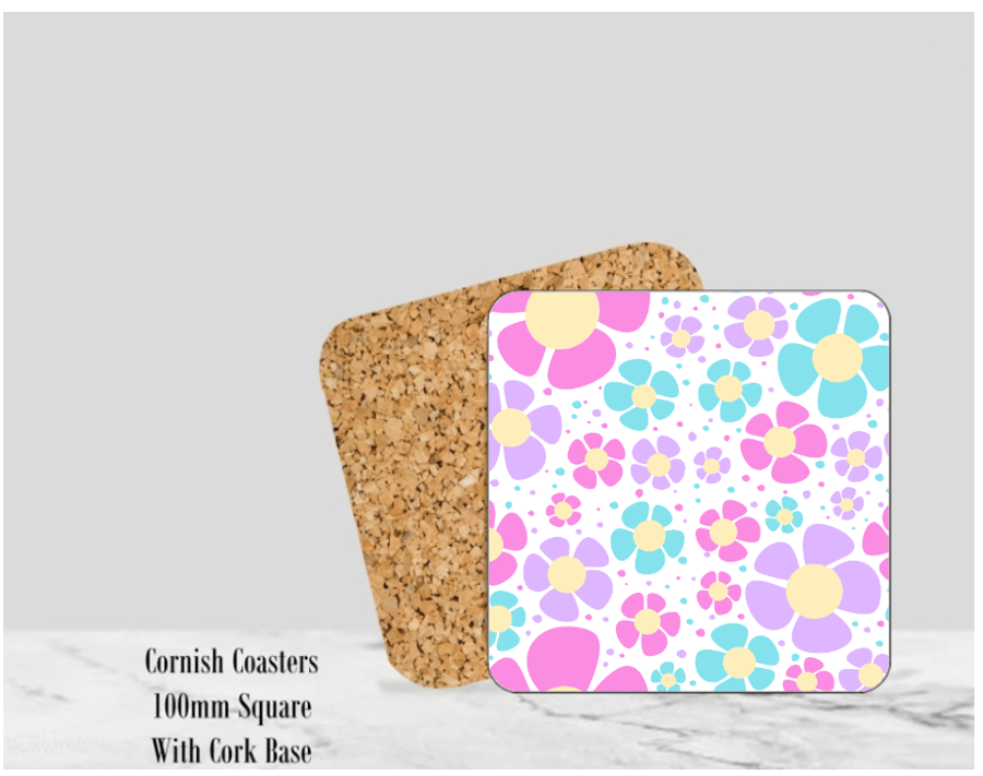 Flower Coaster  4" Square With Cork Base - Design 3