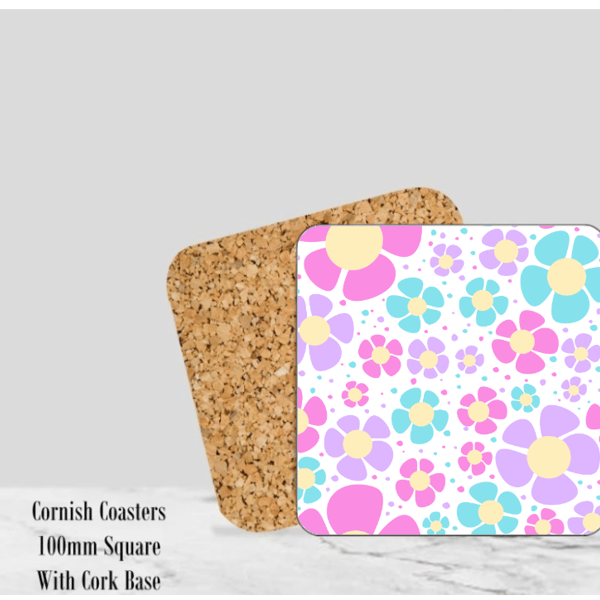 Flower Coaster  4" Square With Cork Base - Design 3