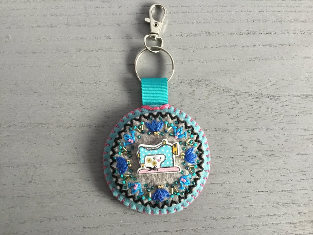 Hand Embroidered Sewing Bag Charm or Keyring