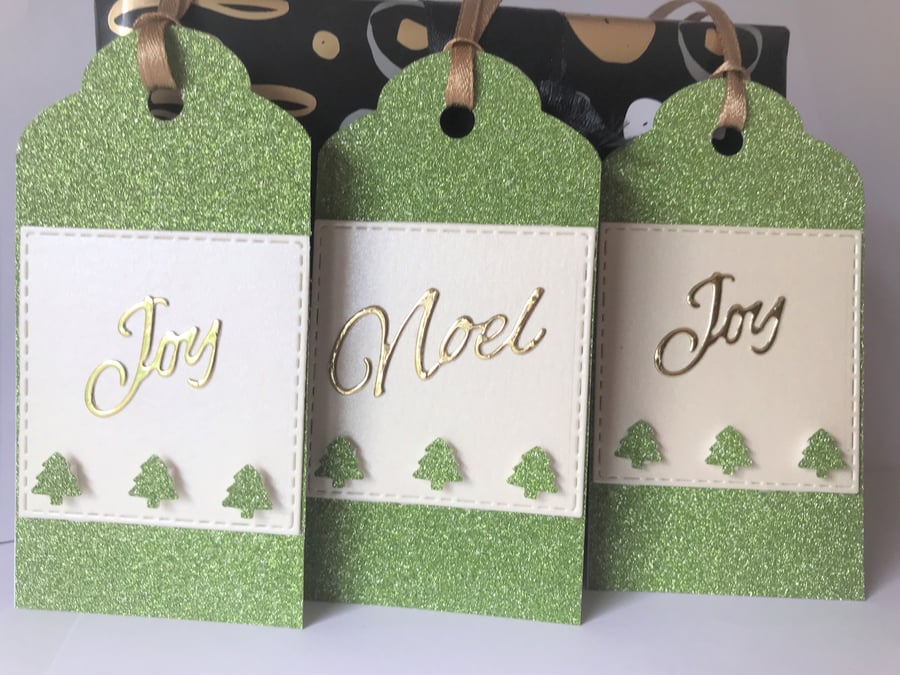 Luxury sparkly Christmas green gold cream 3 gift tag set Joy Noel Bespoke 