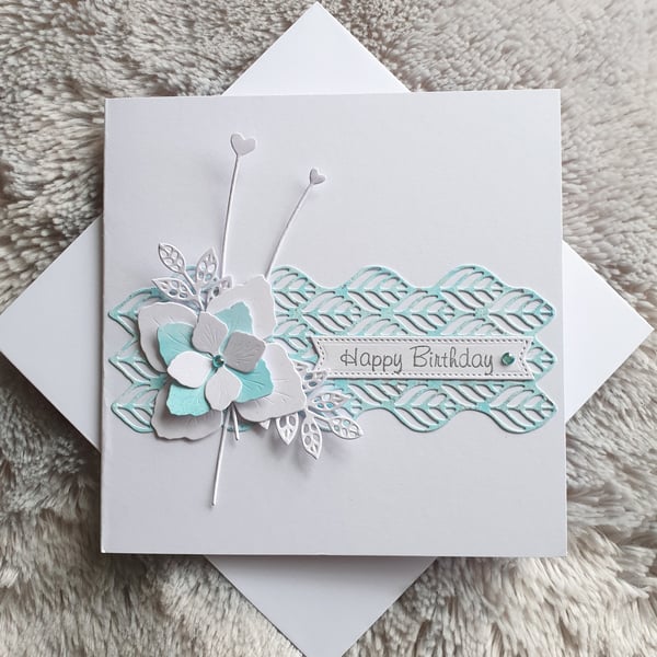 Birthday Card - Aqua Flowers