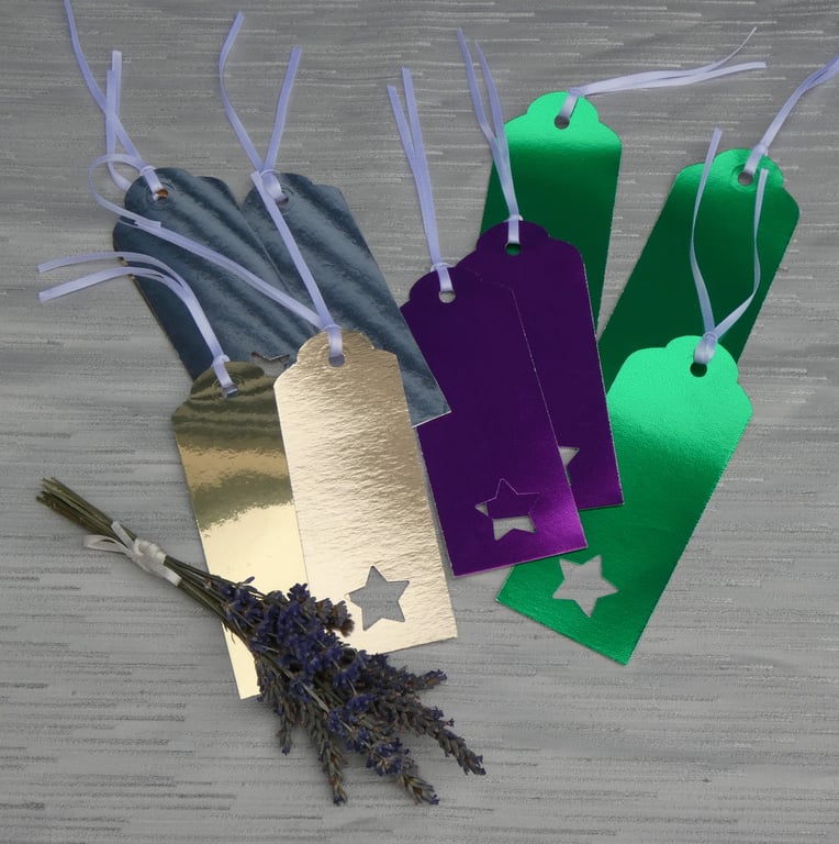 10 foiled card star aperture multicoloured gift tags, Christmas or Birthday