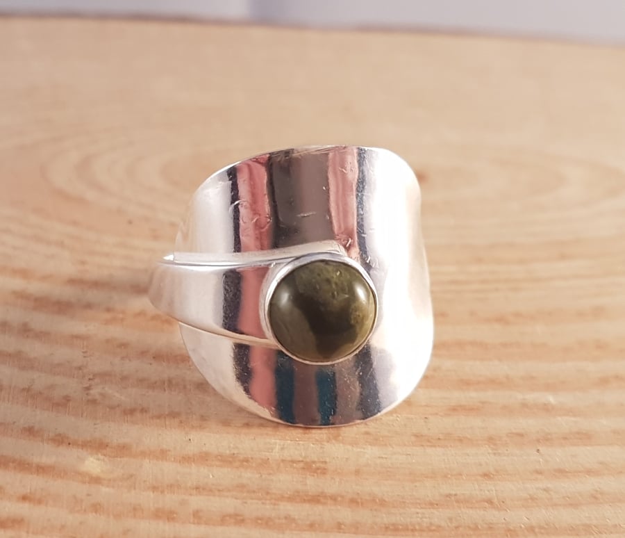 Sterling Silver Upcycled Mustard Spoon Wrap Ring with Rhyolite Cabochon