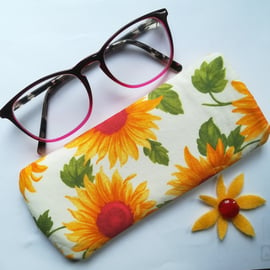 Glasses case - Yellow, White & red sunflower and polka dot fabric design.