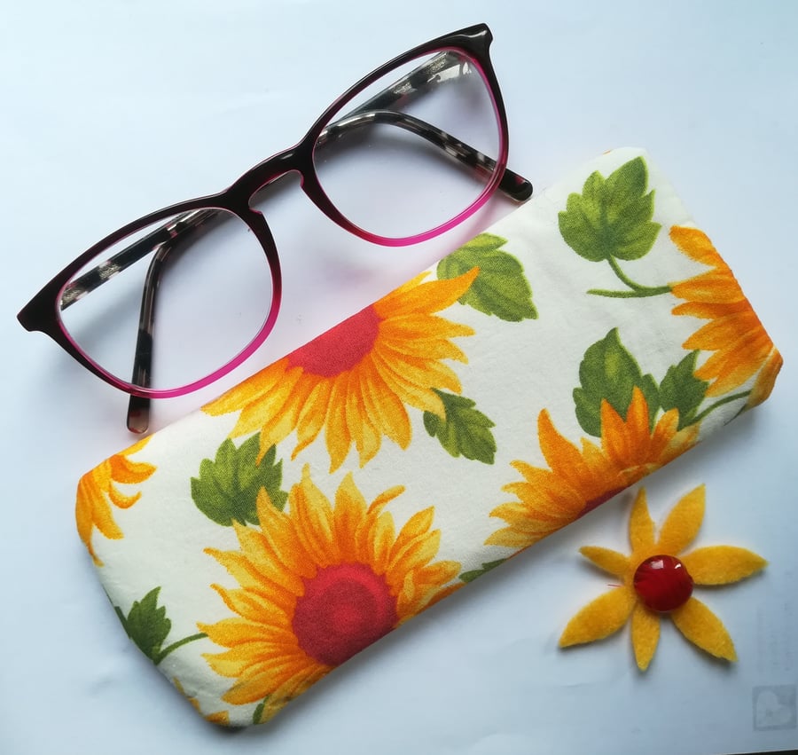 Glasses case - Yellow, White & red sunflower and polka dot fabric design.