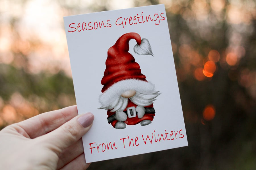 Seasons Greetings Gnome Christmas Card, Family Christmas Card, Personalized Card