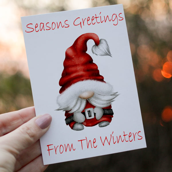 Seasons Greetings Gnome Christmas Card, Family Christmas Card, Personalized Card