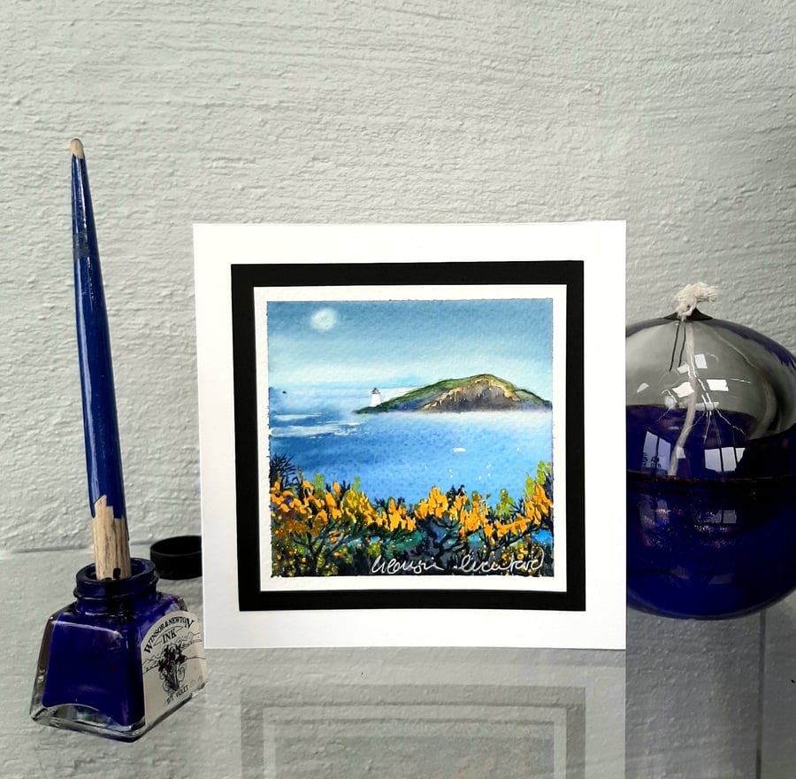 Handpainted Blank Card Of Davaar Island And Gorse In Scotland