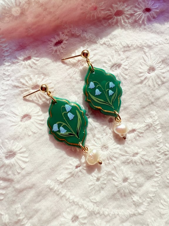 Hand Painted Bluebell Earrings with Pearl Drops