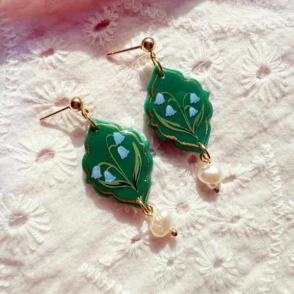 Hand Painted Bluebell Earrings with Pearl Drops