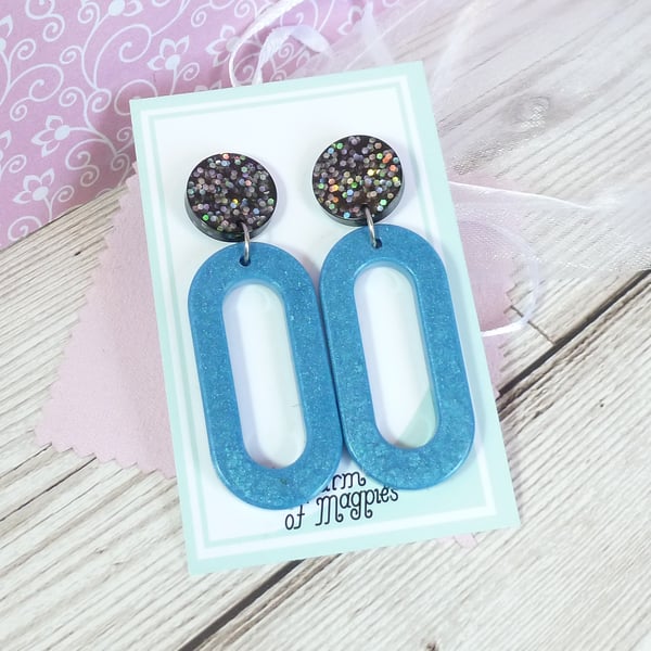 Large blue oval earrings with glitter black studs, funky & chunky resin earrings