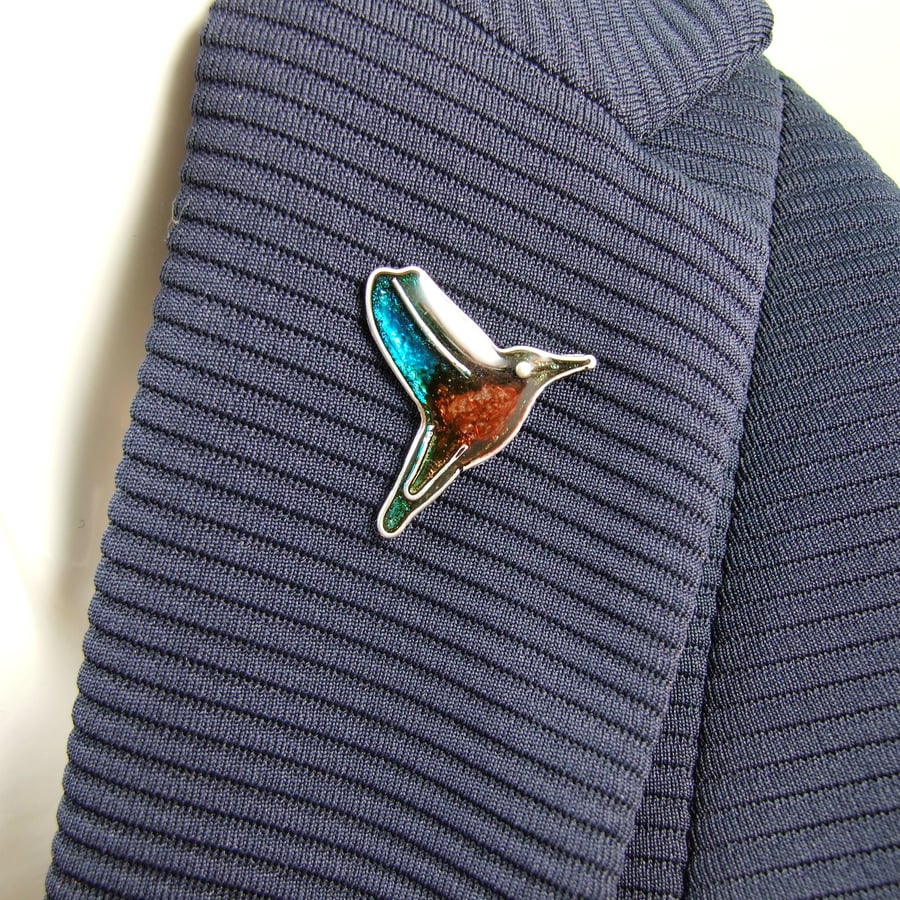Small Silver Bird Lapel Pin Brooch, Sterling Silver, Ink and Resin Hummingbird 