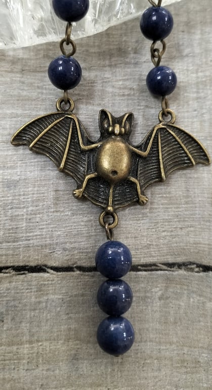 HN3 Halloween Gothic Bat necklace with blue beads