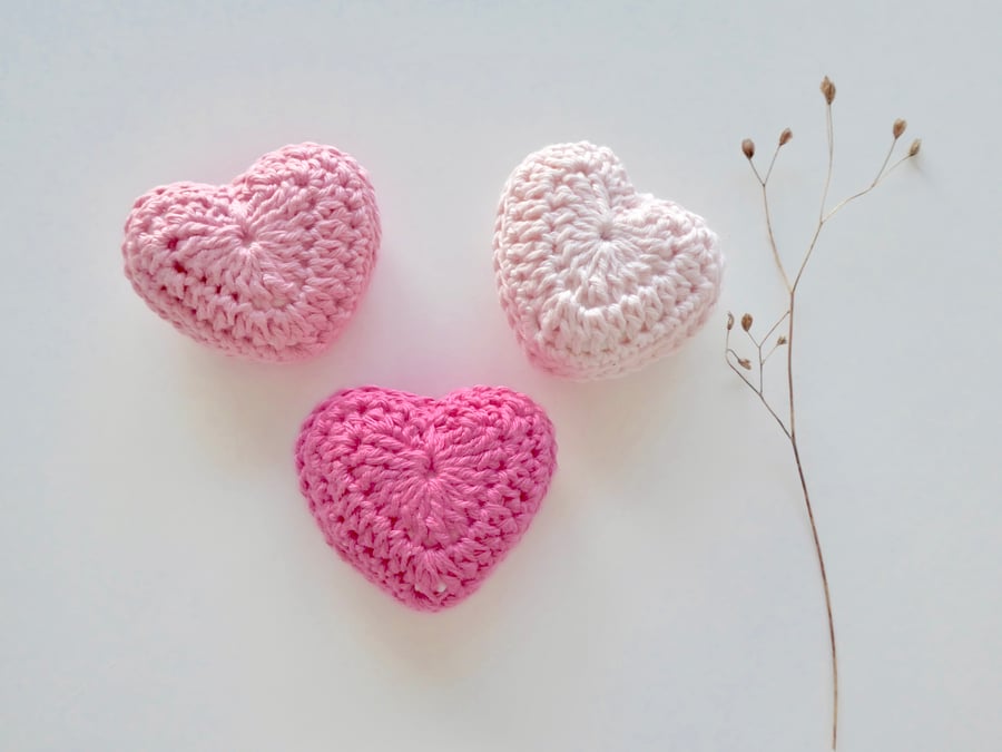 Crochet hearts, set of three pink cotton hearts, lavender hearts