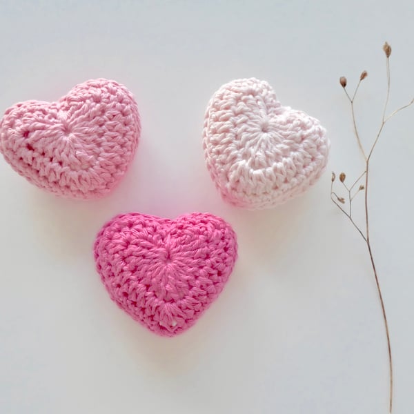 Crochet hearts, set of three pink cotton hearts, lavender hearts