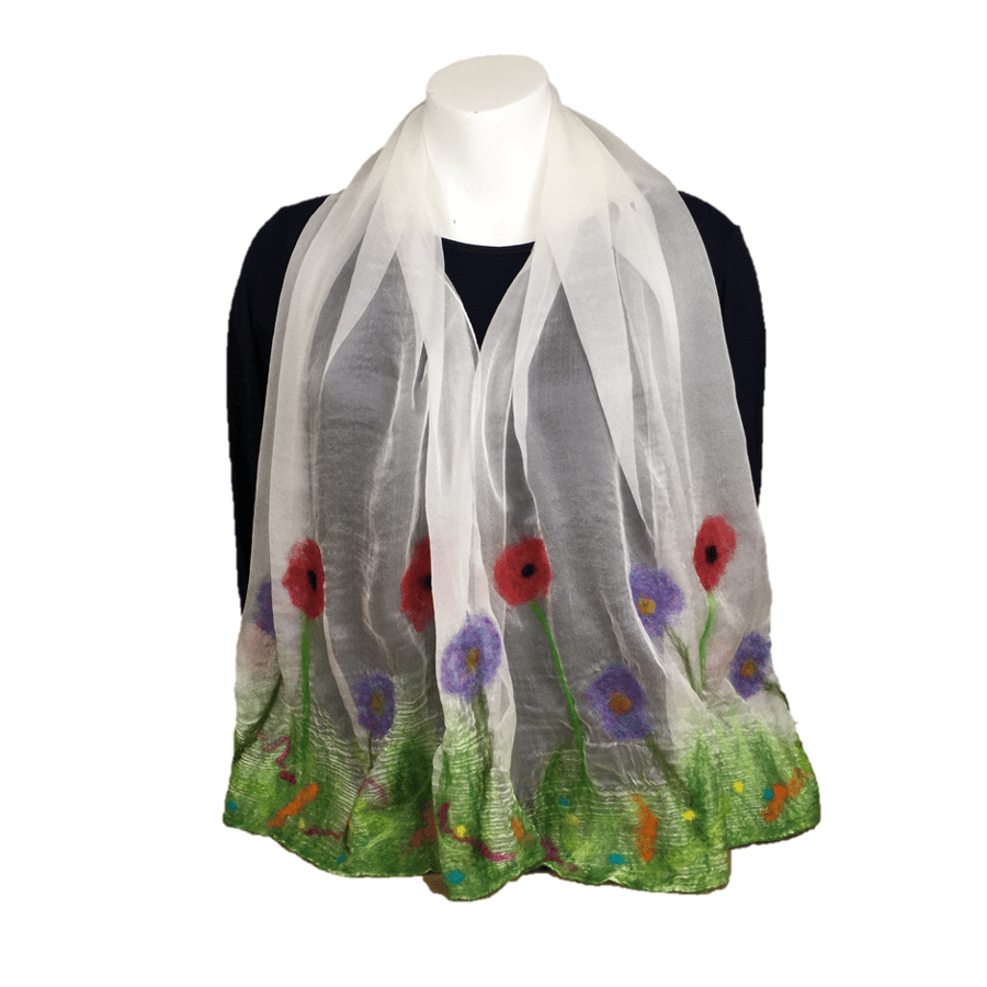 White silk chiffon scarf with nuno felted floral decoration
