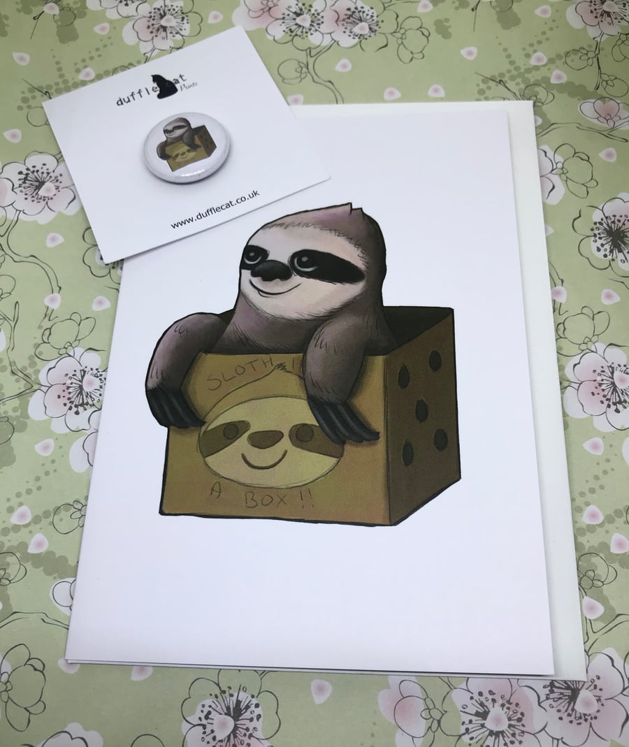 Sloth in a Box Greeting Card and Mini Badge or Mini Magnet Set