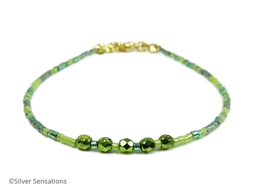 Dainty Lime Green Seed Bead Boho Layering Fashion Bracelet - 6.5" - 8.5"