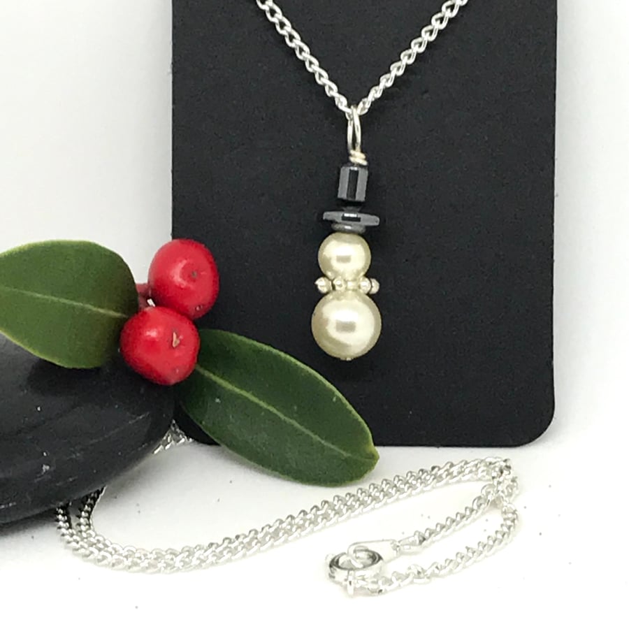 Snowman Pendant, Pearl Pendant, Hematite and Pearls, Gift For Her