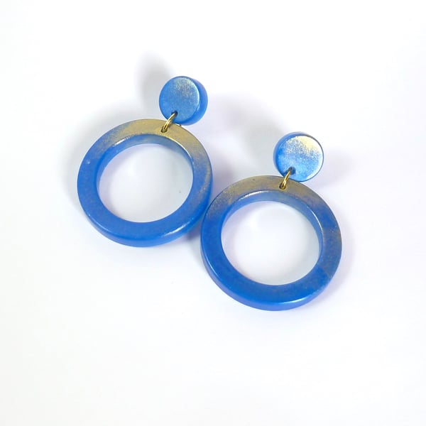 Big blue hoop dangle earrings, bright blue resin earrings, colourful jewellery