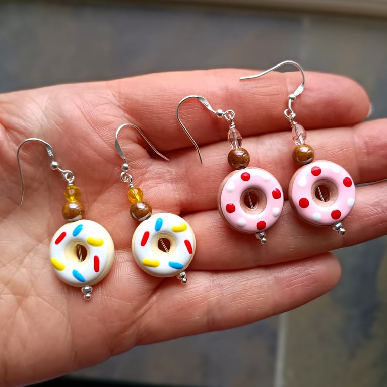 Cute Mini Iced Ring Doughnut Sterling Silver Earring, Ceramic Food Charm Earring