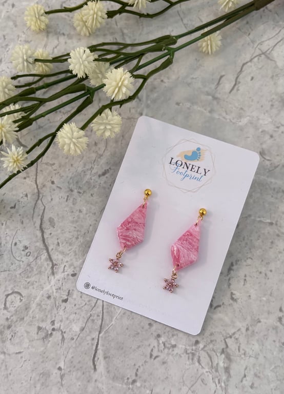 Pink Polymer Clay Earrings with Flower Charms - Lightweight 