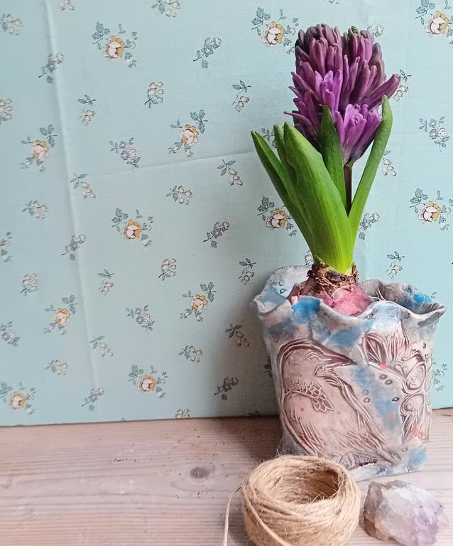 handmade ceramic pottery vase sack pot- blue crow and berries-rustic  organic