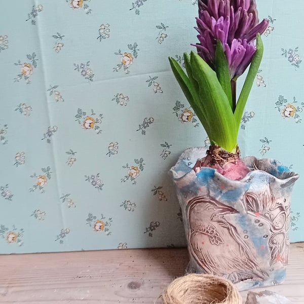 handmade ceramic pottery vase sack pot- blue crow and berries-rustic  organic