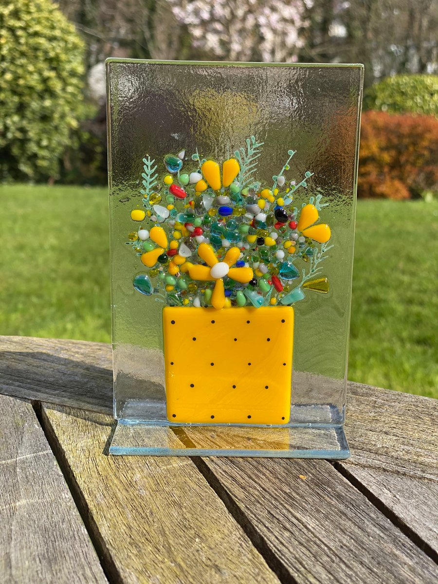 Joyous fused glass flower pot ornament