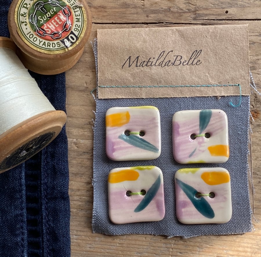 Buttons,Handmade Ceramic Square Buttons set of 4