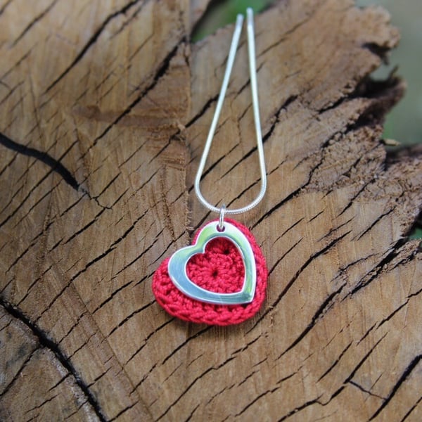 Red Cotton Crochet Heart with Open Silver Heart Necklace, Cotton Anniversary