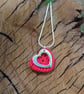 Red Cotton Crochet Heart with Open Silver Heart Necklace, Cotton Anniversary