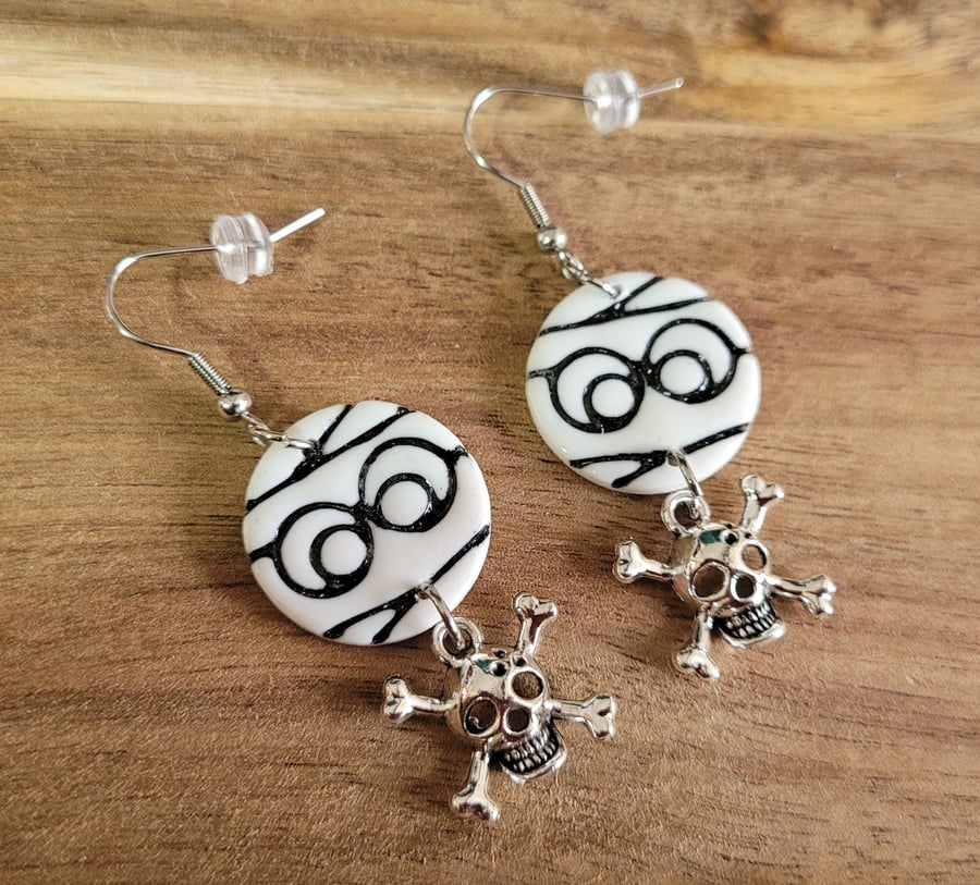 Polymer Clay Halloween Mummy With Skull & Crossbones Earrings, 316 Stainless