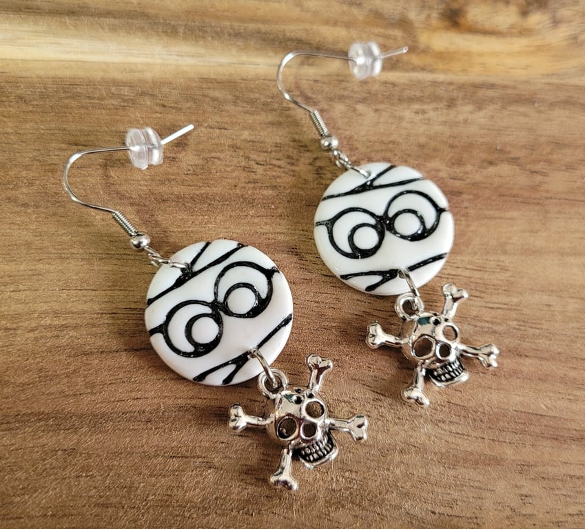 Polymer Clay Halloween Mummy With Skull & Crossbones Earrings, 316 Stainless