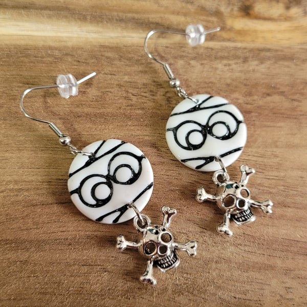 Polymer Clay Halloween Mummy With Skull & Crossbones Earrings, 316 Stainless