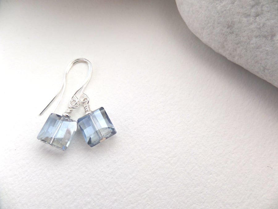 Blue Crystal Silver Earrings, Short Dangle Earrings