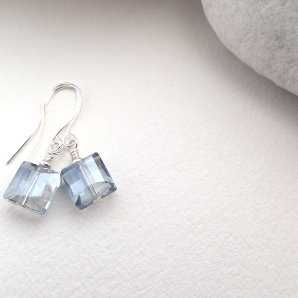 Blue Crystal Silver Earrings, Short Dangle Earrings