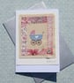 Little pram embroidered card to welcome a new baby, silk bow and mop button - Image 4
